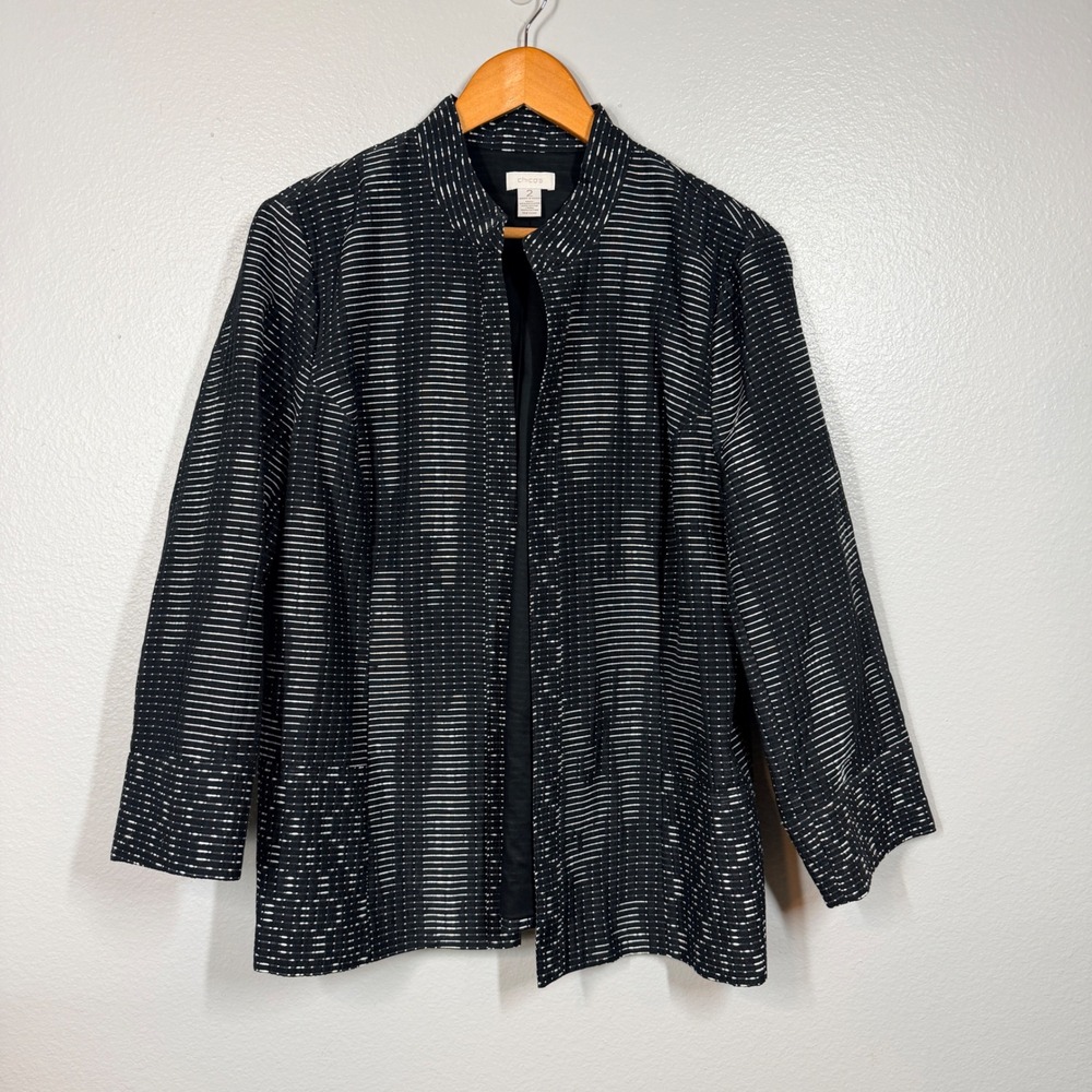 Chico's Jacket Women's 2 Large Black White Artsy Open Front Structured Blazer